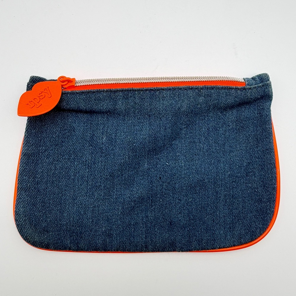 Ipsy Denim Makeup Bag Cosmetic Pouch Orange Lining Zipper Glam Bag